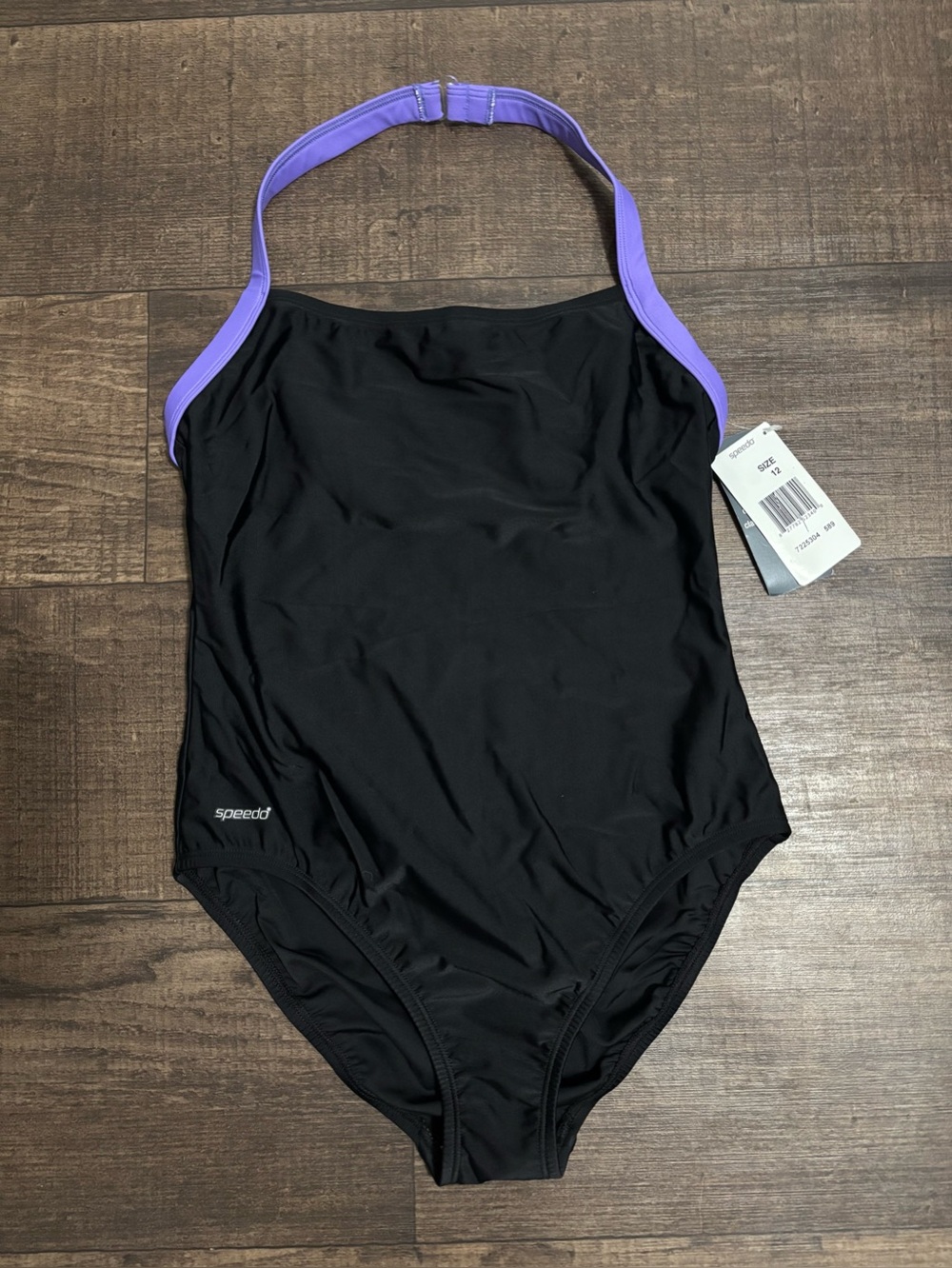 Speedo Women’s Black Purple One Piece Halter Bra Cup Lined Swimsuit Size 12 NWT